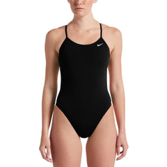 Nike women's Hydrastrong black cut-out one-piece swimsuit with solid design, featuring sleek and sporty swimwear style.