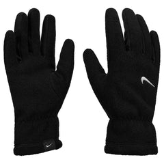 Nike Womens One Therma-Fit Fleece Tech Gloves in black and white, showcasing the fleece-lined gloves with Nike logo and sleek design.