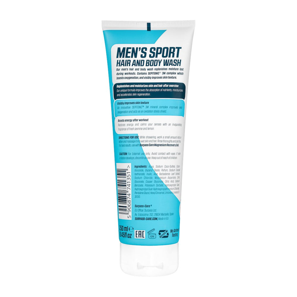 Surpass Care men's hair and body wash in white bottle, designed for self-care and recovery, shown in the image.