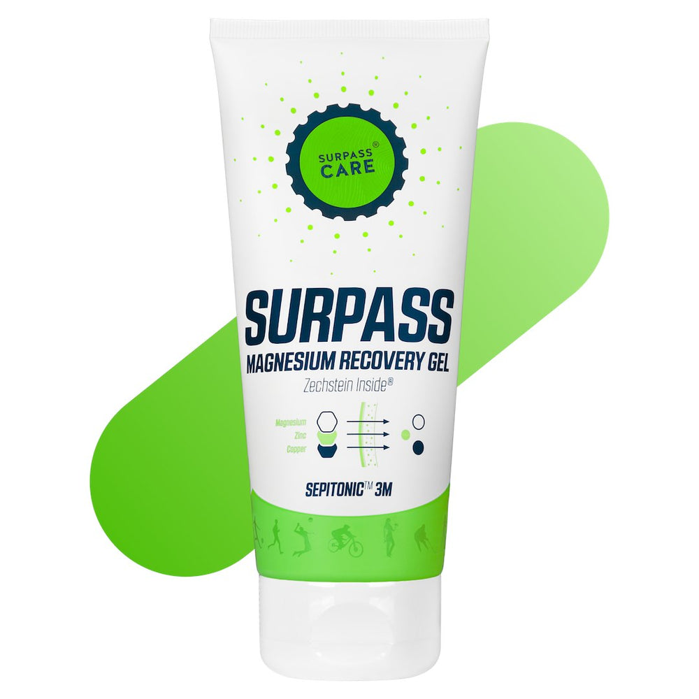 White Surpass Care Magnesium Recovery Gel in a tube, designed for self-care and muscle recovery.