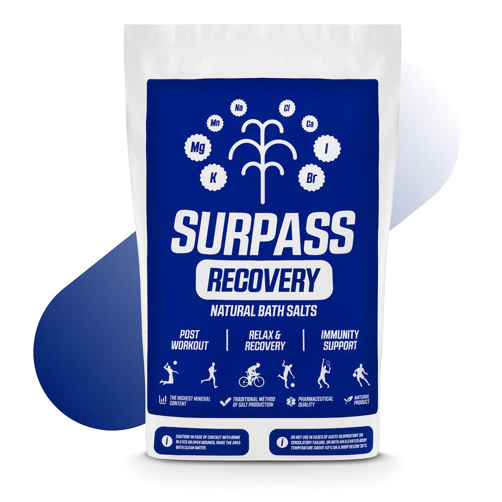 Surpass Care Surpass Recovery natural bath salts in white, shown in a clear jar with a textured lid for self-care and relaxation.