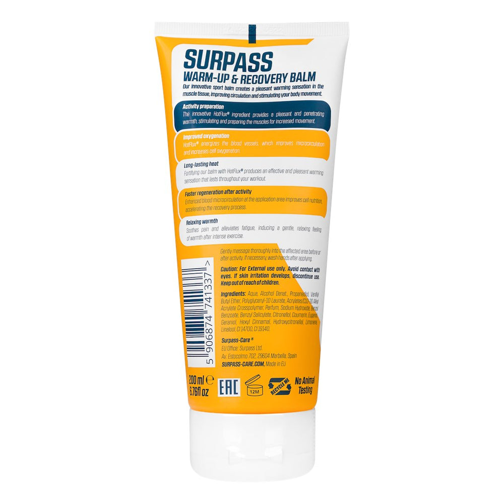 White Surpass Care Warm Up and Recovery Balm jar for self-care and muscle recovery, featuring a clean, professional design.