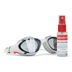 Speedo Anti Fog Spray in clear bottle, designed to prevent fogging on goggles and lenses for clear vision during swimming.