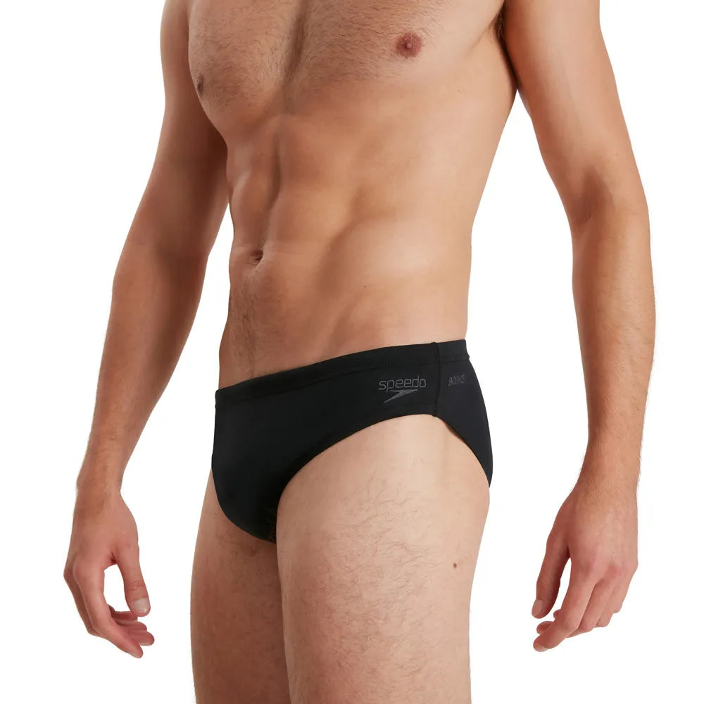 Black Speedo Eco Men's Endurance+ 7cm Brief, snug-fitting swimwear with a streamlined design and durable fabric.