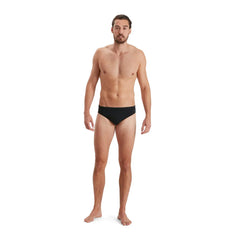 Black Speedo Eco Men's Endurance+ 7cm Briefs, close-up view of the fitted swim briefs with Speedo branding.
