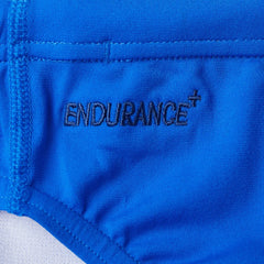 Blue Speedo Eco Men's Endurance+ 7cm Briefs featuring a snug fit and durable fabric, designed for comfortable swimming.