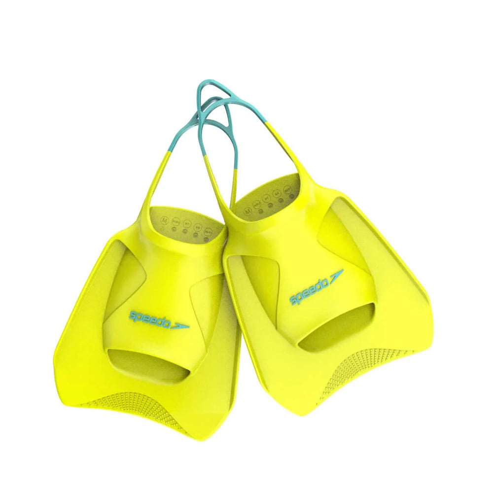 Speedo Biofuse Fitness Fin in Hyper Yellow and Arctic Glass, lightweight swimming fins designed for comfortable water training.