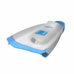 Blue Speedo DMC Elite fins for swimming, showing the lightweight fins with a textured foot pocket and streamlined blade design.