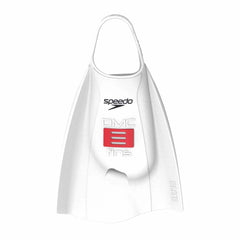 White Speedo DMC Elite fins for swimming, showing the lightweight design and adjustable foot pocket for comfortable fit.