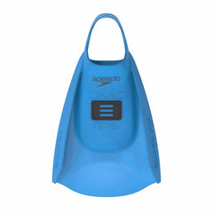 Blue Speedo DMC Super Fins for swimming, showing lightweight design and open-heel style on a plain background.