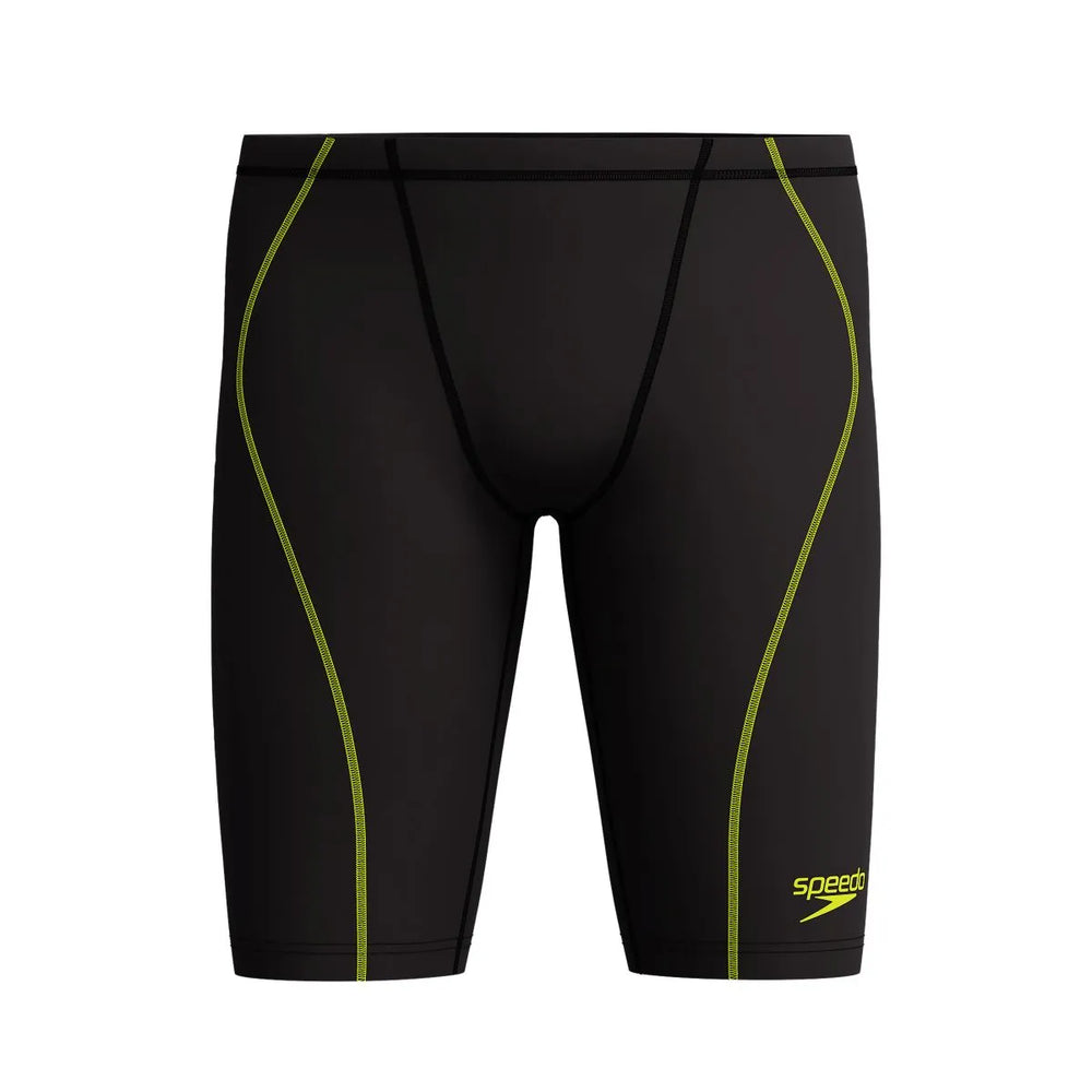 Speedo men's Fastskin HyperSpark solid jammer in black, designed for competitive swimming, showing the sleek, form-fitting swimwear.