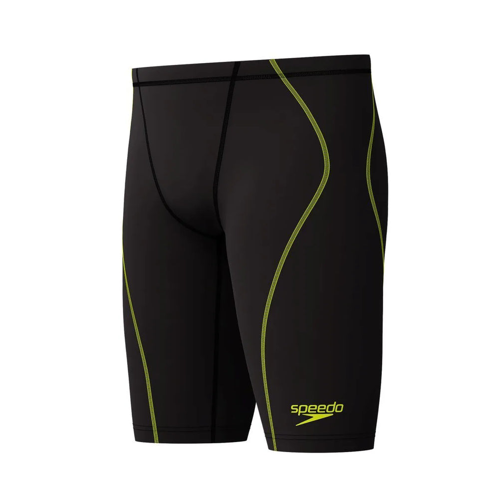 Speedo men's Fastskin HyperSpark solid black jammer swimming suit for boys aged 18-8 years, close-up view of the product.