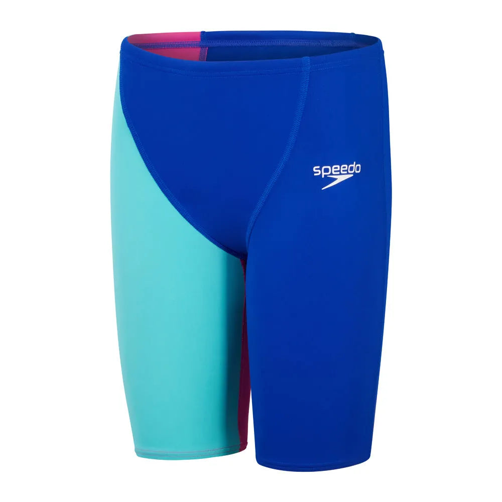 Speedo Fastskin Junior endurance high-waisted jammers in cobalt pop, green glow, and orchid shine with colorful swimwear design.