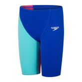 Speedo Fastskin Junior endurance high-waisted jammers in cobalt pop, green glow, and orchid shine with colorful swimwear design.