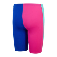 Speedo Fastskin Junior Endurance+ high-waisted jammers in cobalt pop, green glow, and orchid shine, designed for competitive swimming.