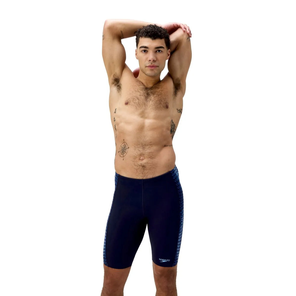 Speedo men's End+ Tech Panel Jammers in navy and sugar blue, designed for competitive swimming and training.