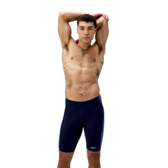 Speedo men's End+ Tech Panel Jammers in navy and sugar blue, designed for competitive swimming and training.