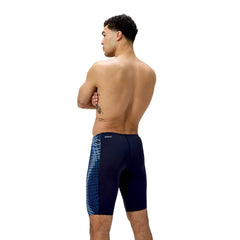 Speedo men's End+ Tech Panel jammer in navy and sugar blue, featuring a sleek design and performance-focused swimwear.