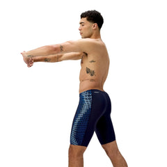 Speedo men's End+ Tech Panel jammer in navy and sugar blue, close-up of sleek swimwear with panel design.