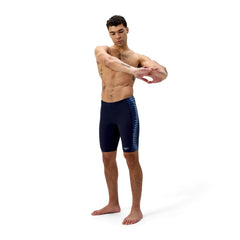Speedo men's End+ Tech Panel jammer in navy with sugar blue panels, designed for competitive swimming.