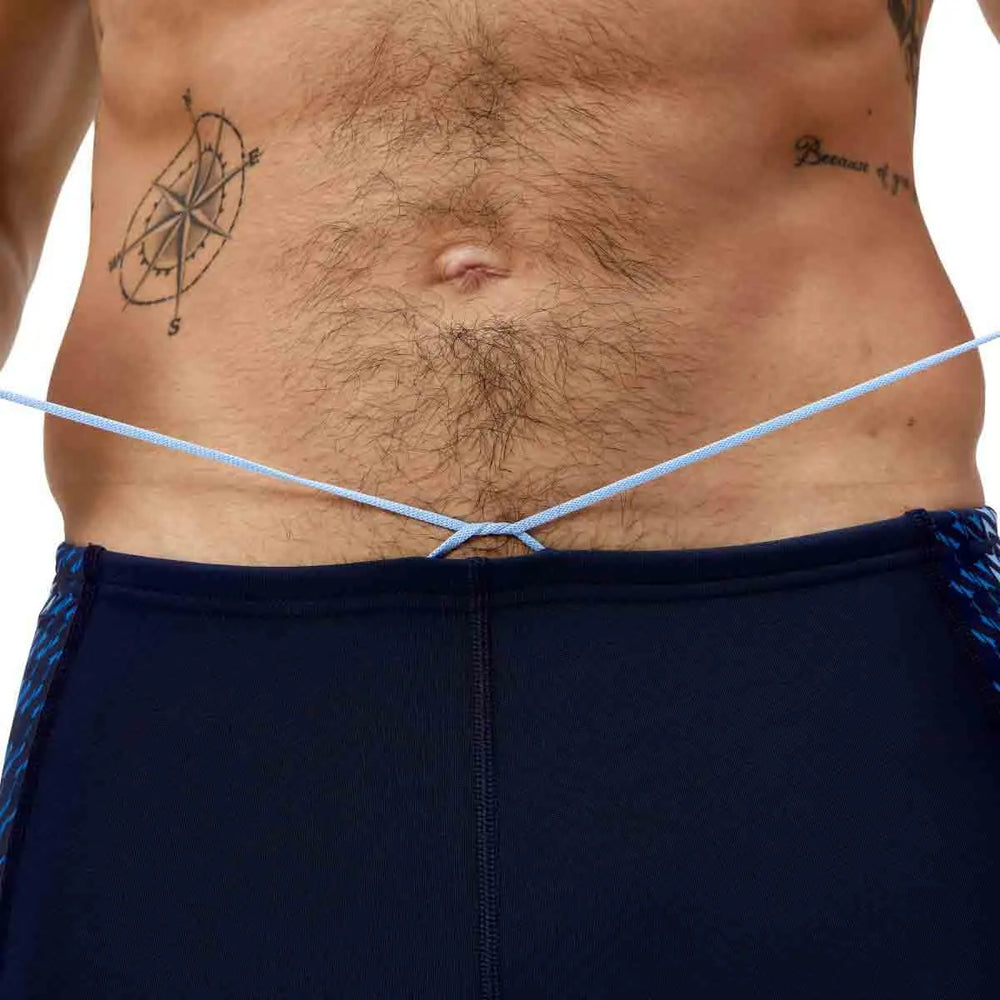 Speedo men's End+ Tech Panel jammer in navy and sugar blue, close-up of the sleek swim jammer fabric and design.