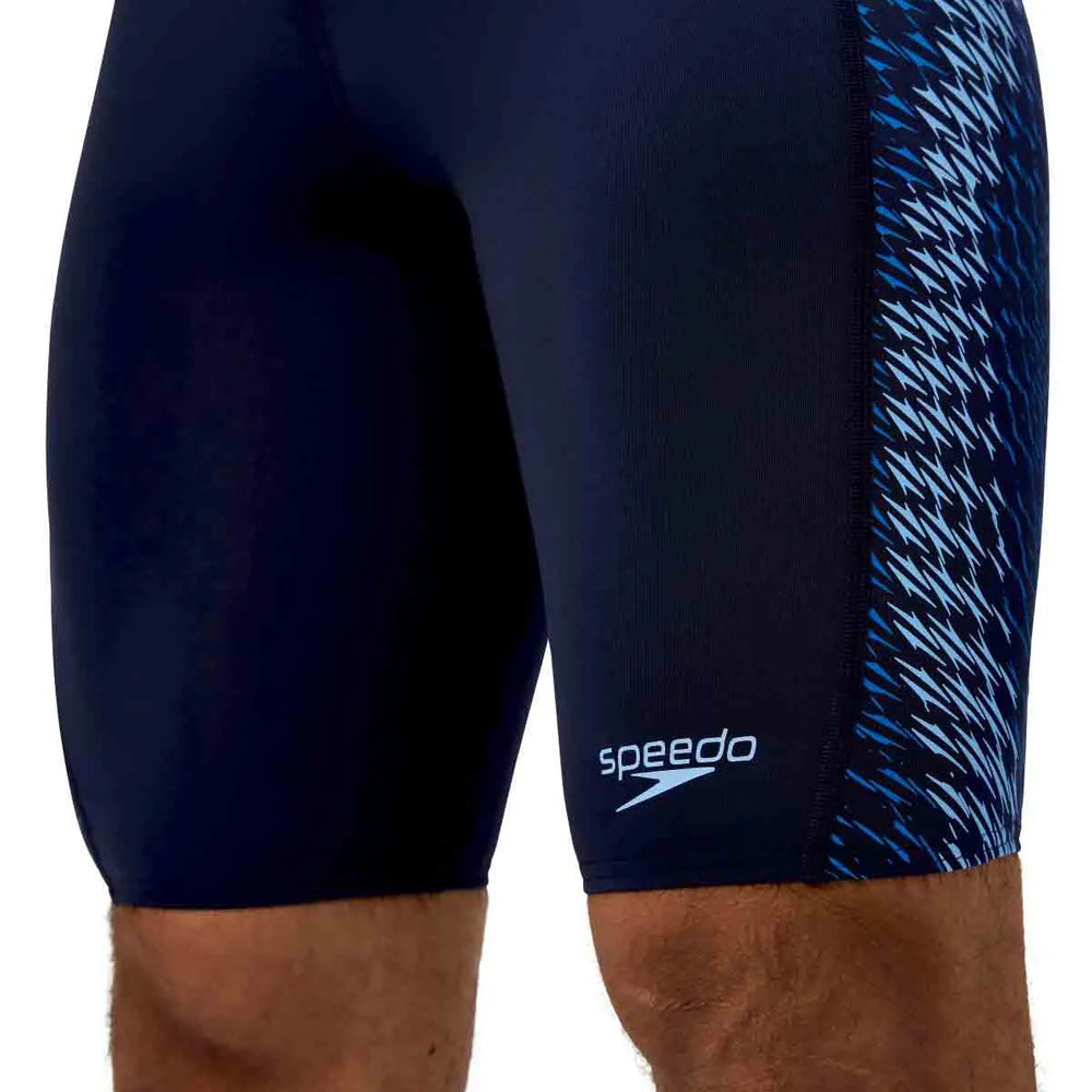 Speedo men's End+ Tech Panel jammer in navy and sugar blue, featuring a sleek swim jammer design with technical panel details.