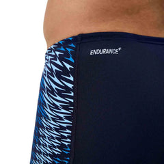 Speedo men's End+ Tech Panel jammer in navy and sugar blue, with sleek design and athletic fit for competitive swimming.