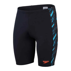 Speedo men's HyperBoom panel jammer swimwear in black with Picton blue and Siren red panels, designed for competitive swimming.