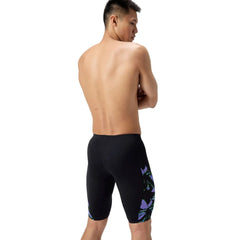 Speedo men's floral printed side spliced jammer in black, designed for competitive swimming with a sleek, athletic fit.