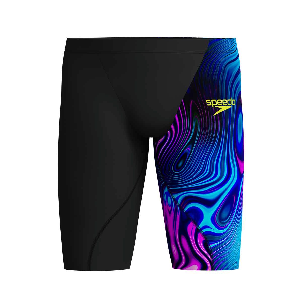 Speedo Boys Fastskin Junior LZR Ignite Jammer in black and purple, designed for young swimmers, with a close-up view of the swimwear.