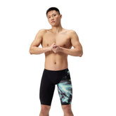 Speedo men's Fastskin LZR Ignite jammer in black and electro static design, designed for competitive swimming.