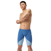 Speedo men's Fastskin LZR Ignite jammer in Nite and Acadia Blue, close-up showing sleek swimwear design and branding.