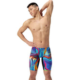Speedo men's Fastskin LZR Pure Valor 2.0 jammer in black and molten blur, designed for competitive swimming.