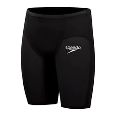 Speedo men's Fastskin LZR Pure Valor 2 black jammer swimwear, close-up of sleek, performance swim jammers for competitive swimming.