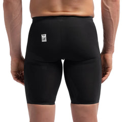 Speedo men's Fastskin LZR Pure Valor 2 black jammer swimwear for competitive swimming, shown on a mannequin.