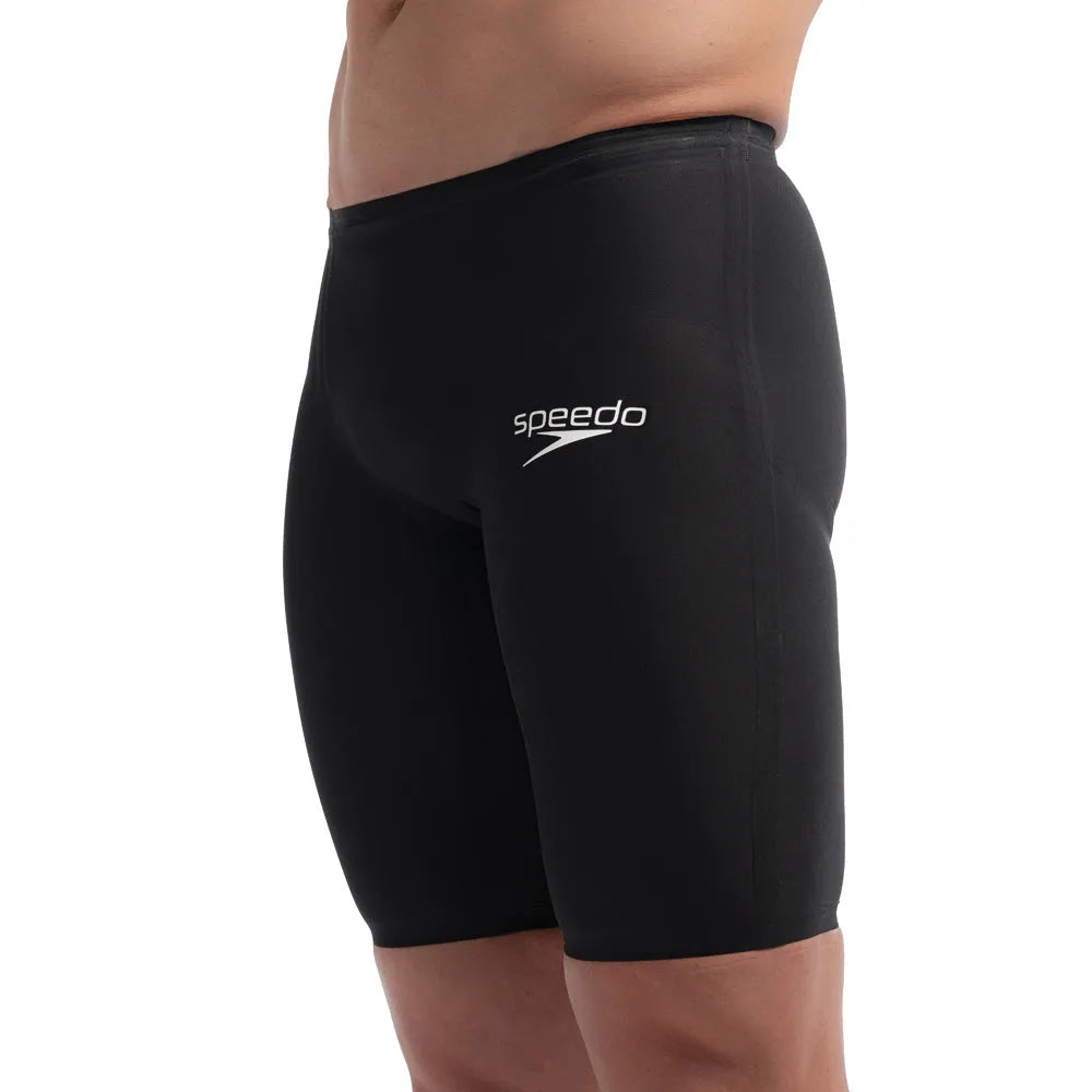 Speedo men's Fastskin LZR Pure Valor 2 black jammer swimwear for competitive swimming, close-up view of the suit fabric.