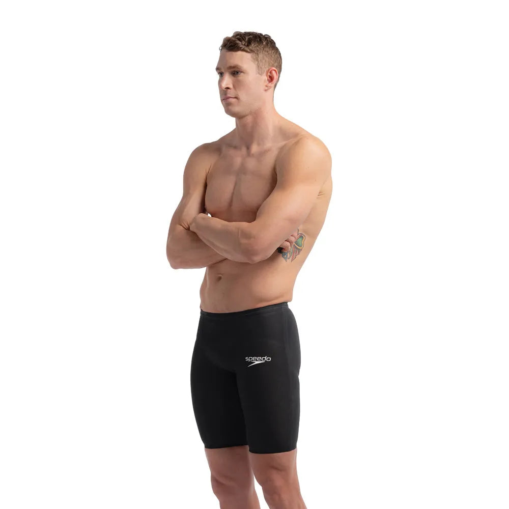 Speedo men's Fastskin LZR Pure Valor 2 jammer in black, close-up of sleek, fitted swim jammer designed for competitive swimming.