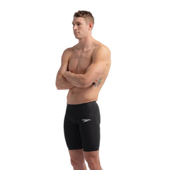 Speedo men's Fastskin LZR Pure Valor 2 jammer in black, close-up of sleek, fitted swim jammer designed for competitive swimming.