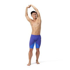 Speedo men's Fastskin LZR Ignite jammer in purple, close-up of sleek, fitted swimwear designed for competitive swimming.