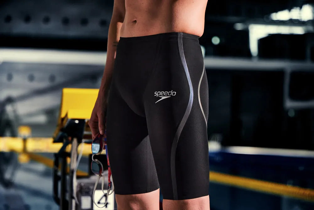 Speedo men's Fastskin LZR Pure Intent 2.0 jammer in black with iridescent accents, designed for competitive swimming.