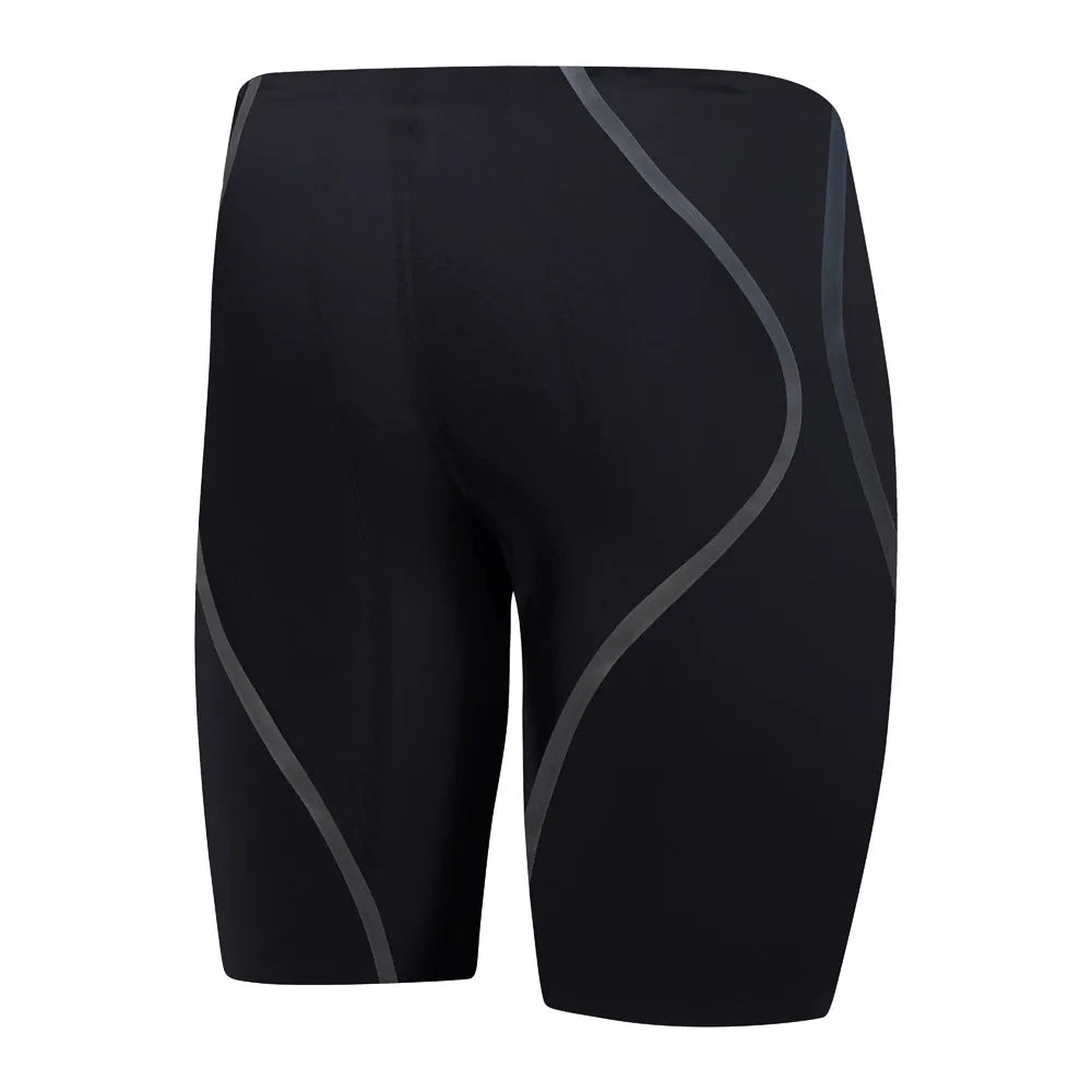 Speedo men's Fastskin LZR Pure Intent 2.0 jammer in black with iridescent accents, designed for competitive swimming.