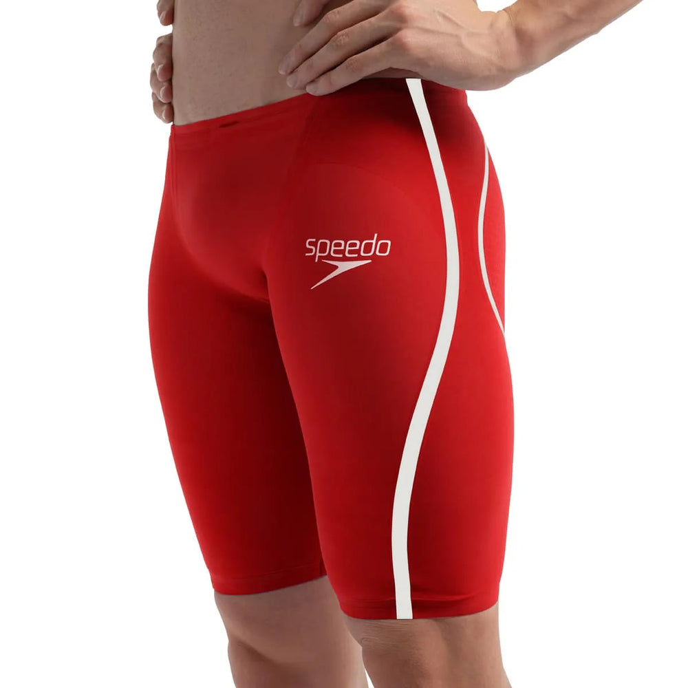 Speedo men's Fastskin LZR Pure Intent 2.0 jammer in flame red and white, designed for competitive swimming.