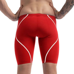 Speedo men's Fastskin LZR Pure Intent 2.0 jammers in flame red and white, designed for competitive swimming.