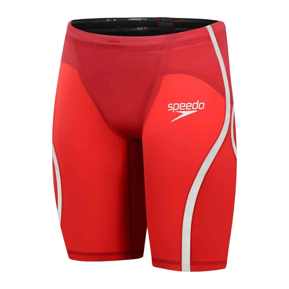 Speedo men's Fastskin LZR Pure Intent 2.0 jammers in flame red and white, designed for competitive swimming.