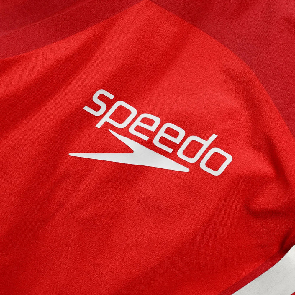 Speedo men's Fastskin LZR Pure Intent 2.0 jammer in flame red and white, close-up of sleek, high-performance swim jammers.