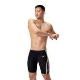Speedo men's Fastskin LZR Pure Intent 2.0 jammers in black with molten blur and hyper yellow accents, designed for competitive swimming.