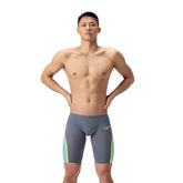 Speedo men's Fastskin LZR Pure Intent 2.0 jammer in grey lead, Acadia blue, and hyper yellow, designed for competitive swimming.
