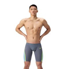 Speedo men's Fastskin LZR Pure Intent 2.0 jammer in grey lead, Acadia blue, and hyper yellow, designed for competitive swimming.