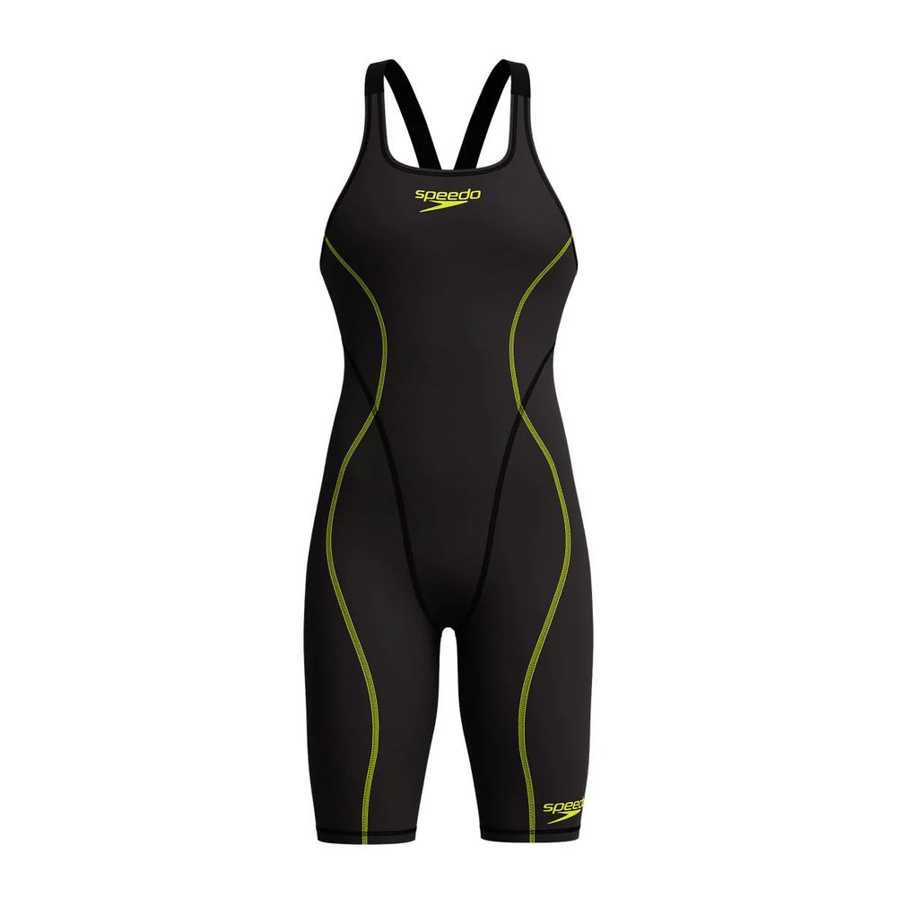 Speedo Girls Fastskin HyperSpark solid openback kneeskin swimsuit in black, designed for competitive swimming.