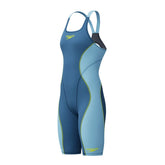 Speedo girls' Fastskin HyperSpark solid openback kneesuit in night/sevres blue, designed for competitive swimming.